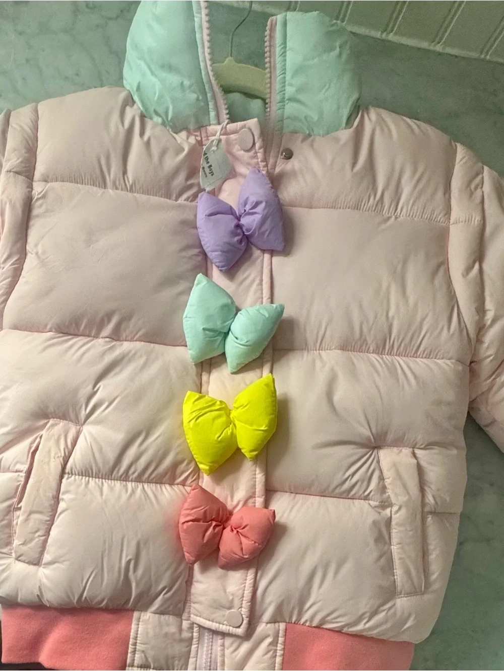 Kids Pink Puffer Jacket with Multicolor Bows - Brand: